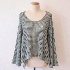 VICI Sage Green Crochet Open Weave V-Neck Bell Sleeve Sweater ML Boho Festival